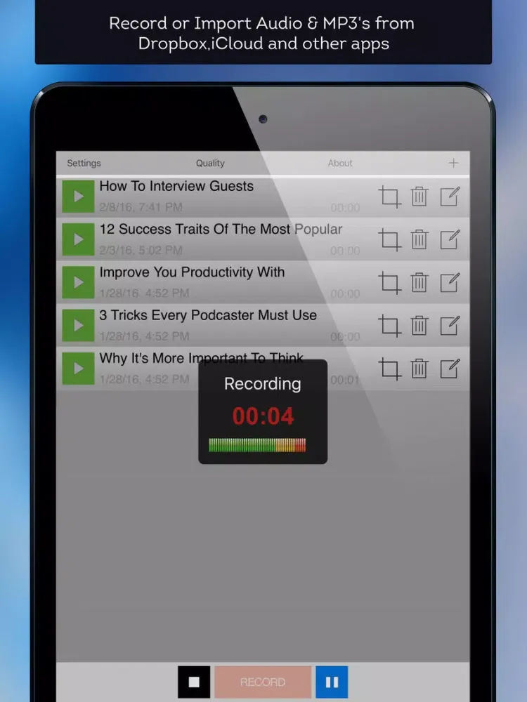 Mobile Podcaster - Record and Publish Your Podcast to WordPress, Libsyn and Dropbox iPad 应用截图