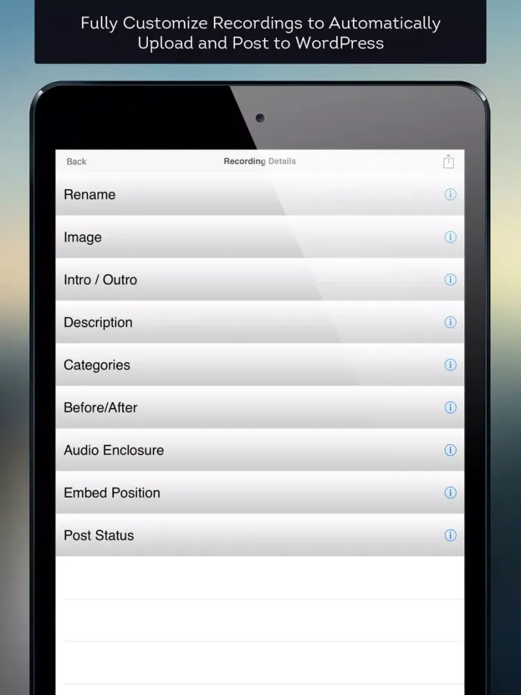 Mobile Podcaster - Record and Publish Your Podcast to WordPress, Libsyn and Dropbox iPad 应用截图