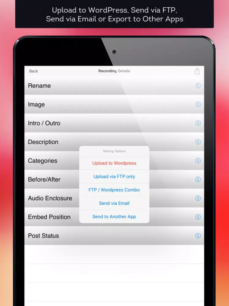 Mobile Podcaster - Record and Publish Your Podcast to WordPress, Libsyn and Dropbox iPad 应用截图