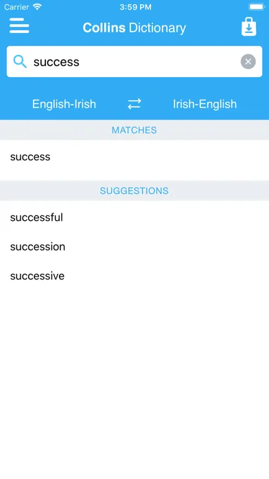 Tangkapan skrin Collins Irish Dictionary