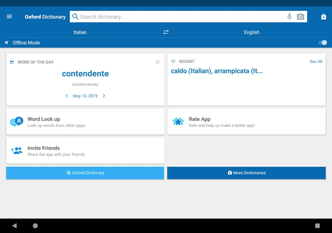 Capturas de tela do Oxford Italian Dictionary