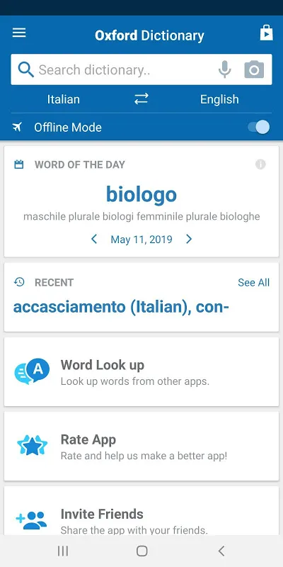 Capturas de tela do Oxford Italian Dictionary