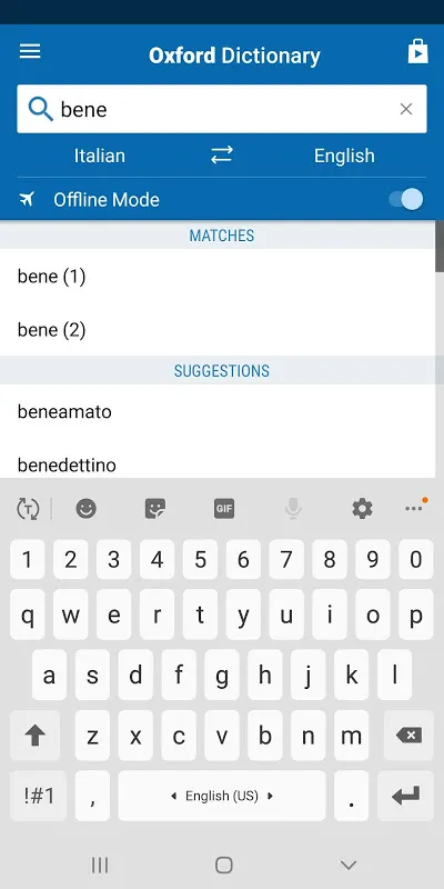 Capturas de tela do Oxford Italian Dictionary