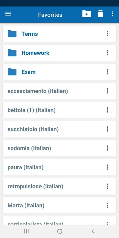 Capturas de tela do Oxford Italian Dictionary