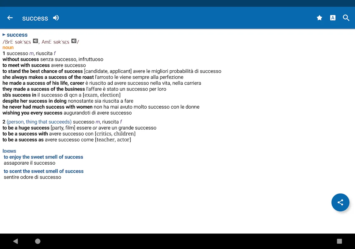 Capturas de tela do Oxford Italian Dictionary