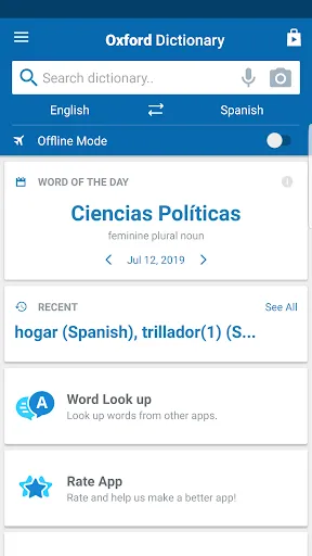 Tangkapan layar Oxford Spanish Dictionary