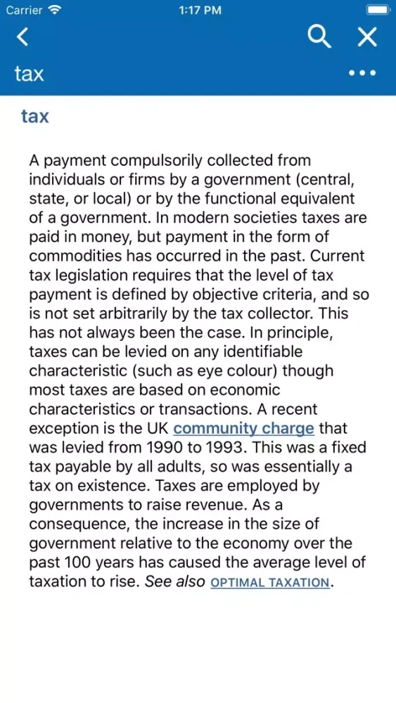 Capturas de tela do Oxford Dictionary of Economics