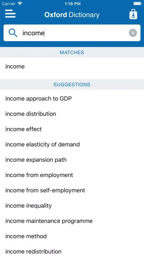 Capturas de tela do Oxford Dictionary of Economics