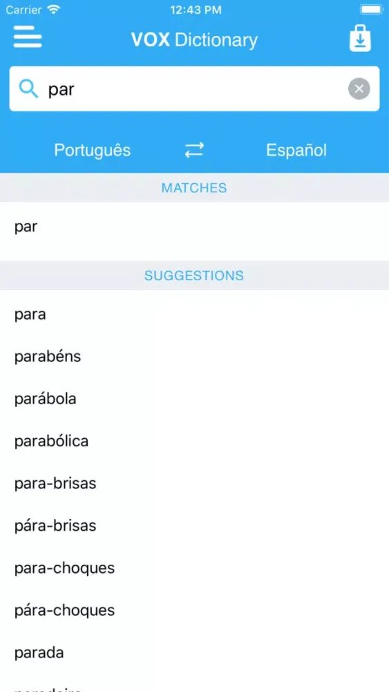 Capturas de tela do VOX Portuguese<>Spanish