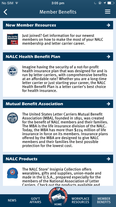 ภาพหน้าจอของ NALC Member App