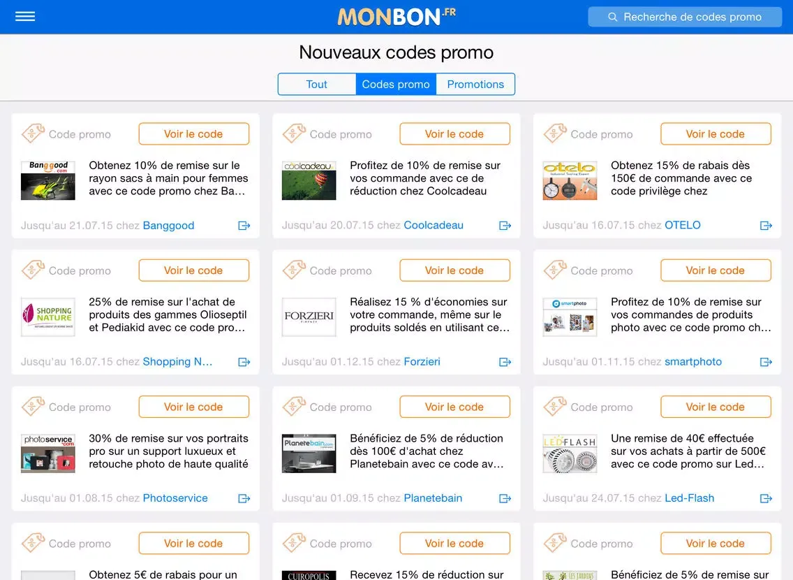 Tangkapan skrin MonBon.fr – Codes Promo et Réductions iPad 