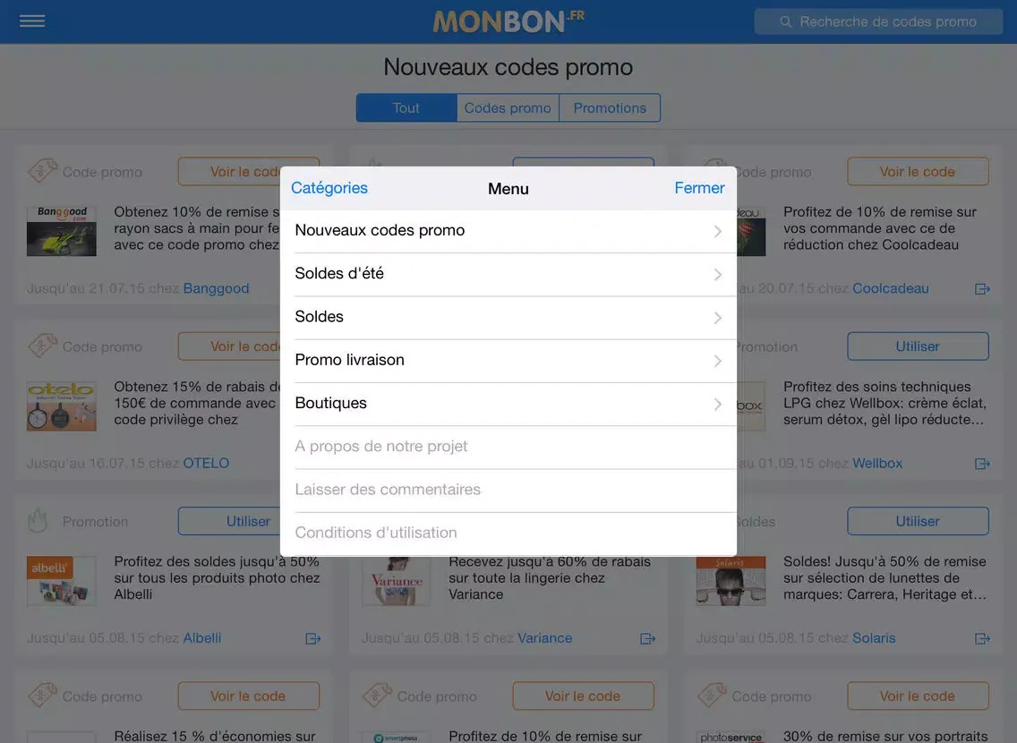 Tangkapan skrin MonBon.fr – Codes Promo et Réductions iPad 