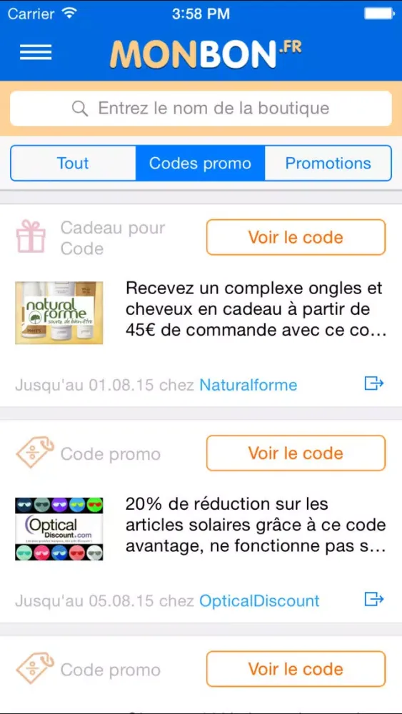 Tangkapan skrin MonBon.fr – Codes Promo et Réductions