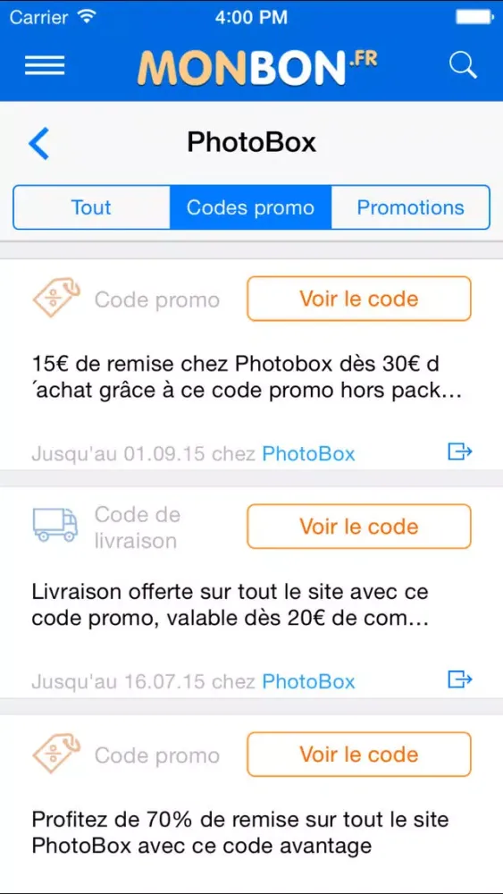 Tangkapan skrin MonBon.fr – Codes Promo et Réductions