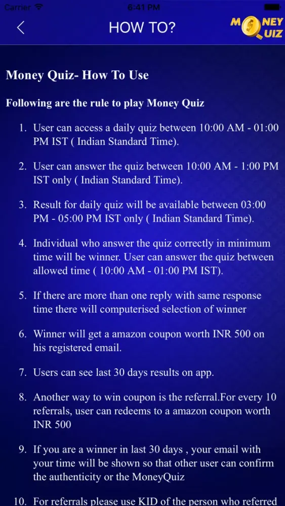 Captures d'écran de Money Quiz App
