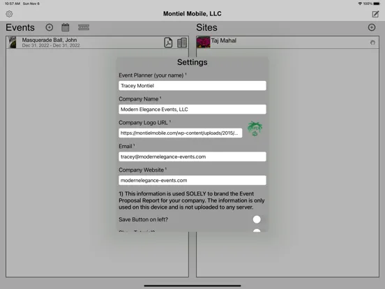 Capturas de tela do Event Sites iPad 