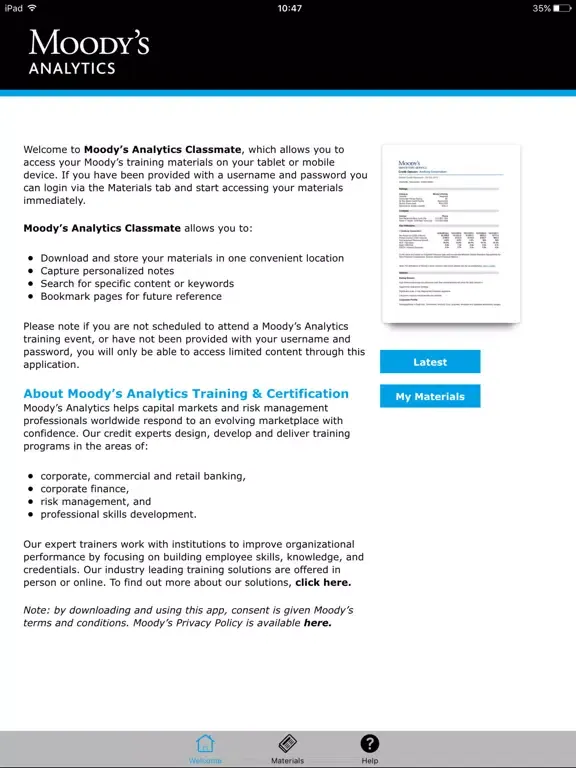 Capturas de tela do Moody's Analytics Classmate iPad 