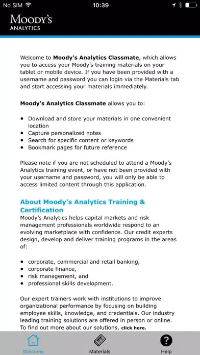 Capturas de tela do Moody's Analytics Classmate