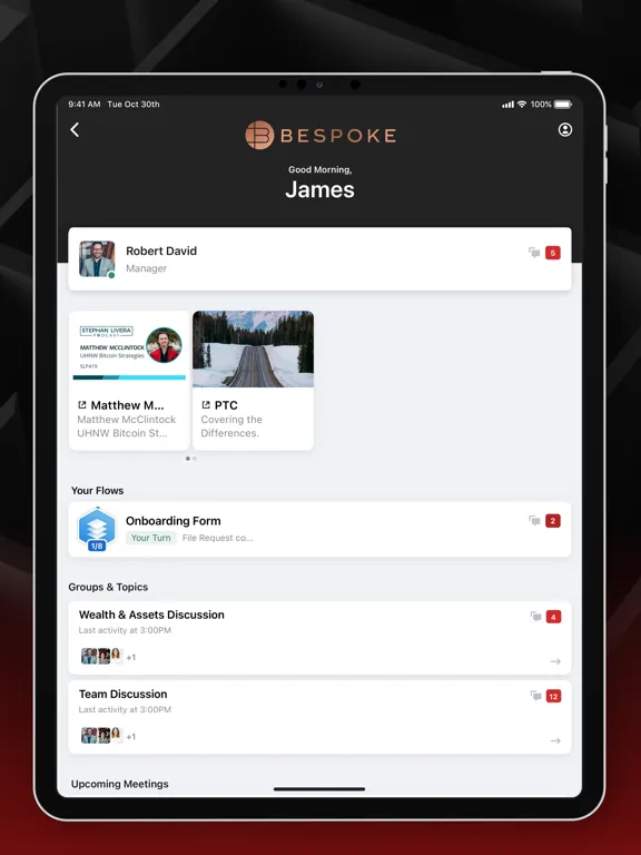 Capturas de tela do Bespoke Client Portal iPad 