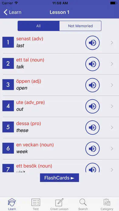 Capturas de tela do Learn Swedish Vocabulary