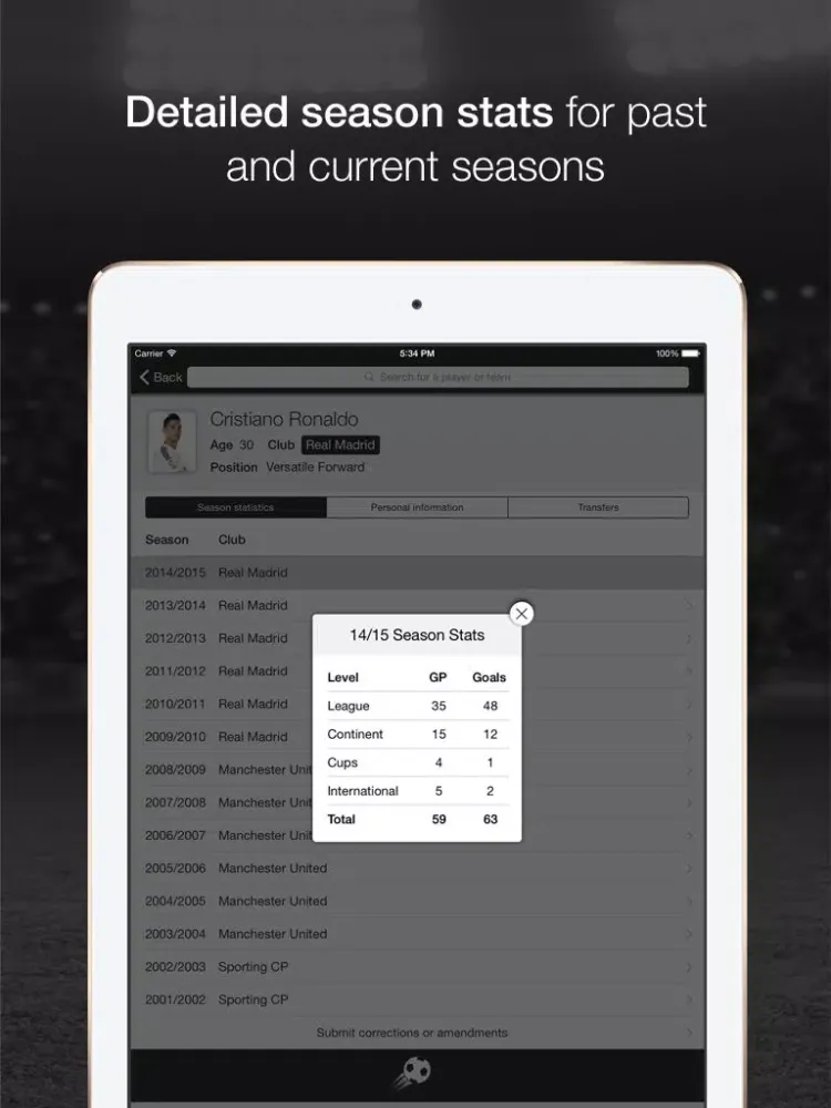 Tangkapan layar IFDb - International Football Database iPad 