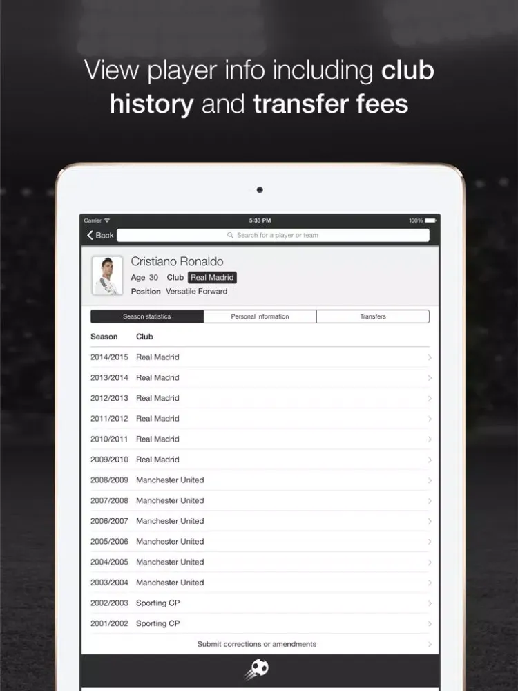 Tangkapan layar IFDb - International Football Database iPad 