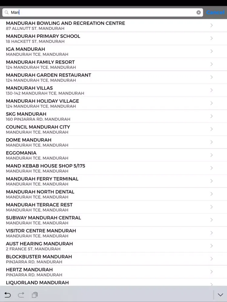 Tangkapan layar BWC Mandurah iPad 