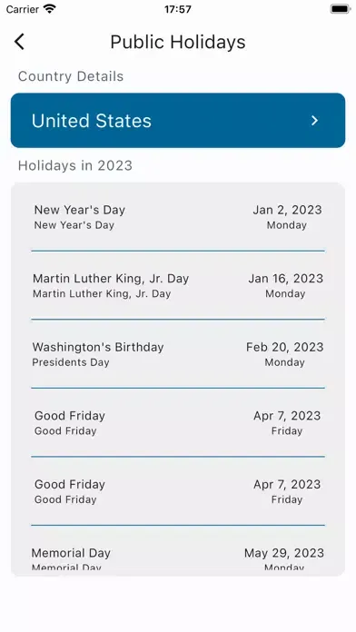 Ảnh chụp màn hình của Public Holidays with Country