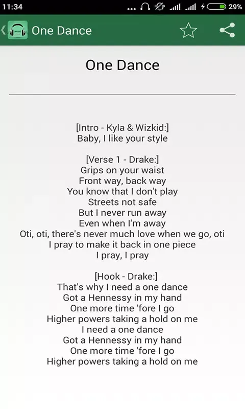 Zrzuty ekranu Drake One Dance Lyrics