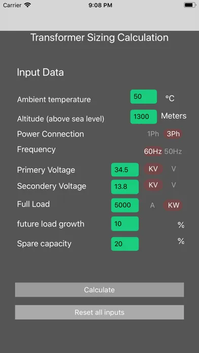 Transformer Sizing Calculation Screenshots