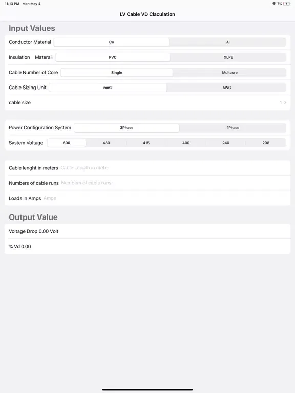 LV Cable Vd Calculation iPad  Screenshots