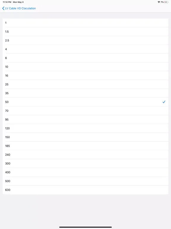 LV Cable Vd Calculation iPad  Screenshots