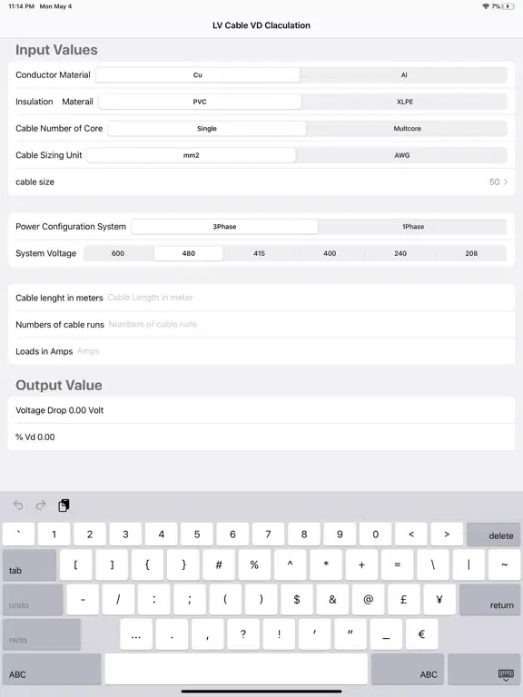LV Cable Vd Calculation iPad  Screenshots