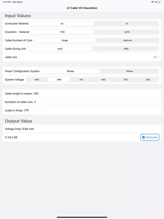 LV Cable Vd Calculation iPad  Screenshots