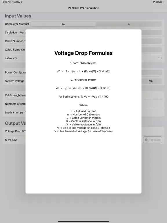 LV Cable Vd Calculation iPad  Screenshots