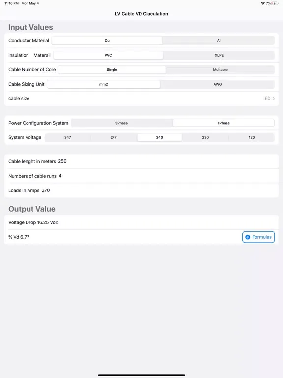 LV Cable Vd Calculation iPad  Screenshots