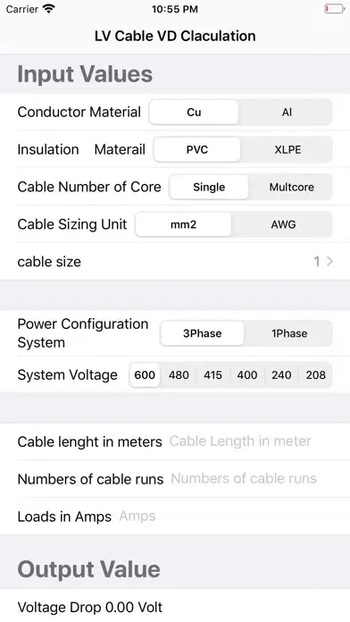 LV Cable Vd Calculation Screenshots