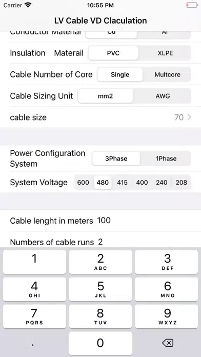 LV Cable Vd Calculation Screenshots