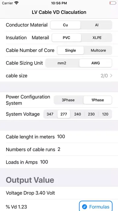 LV Cable Vd Calculation Screenshots