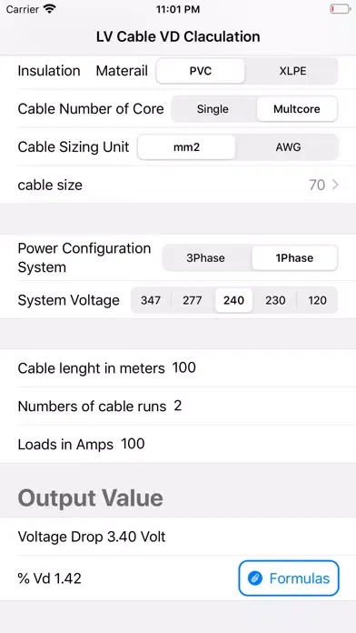 LV Cable Vd Calculation Screenshots