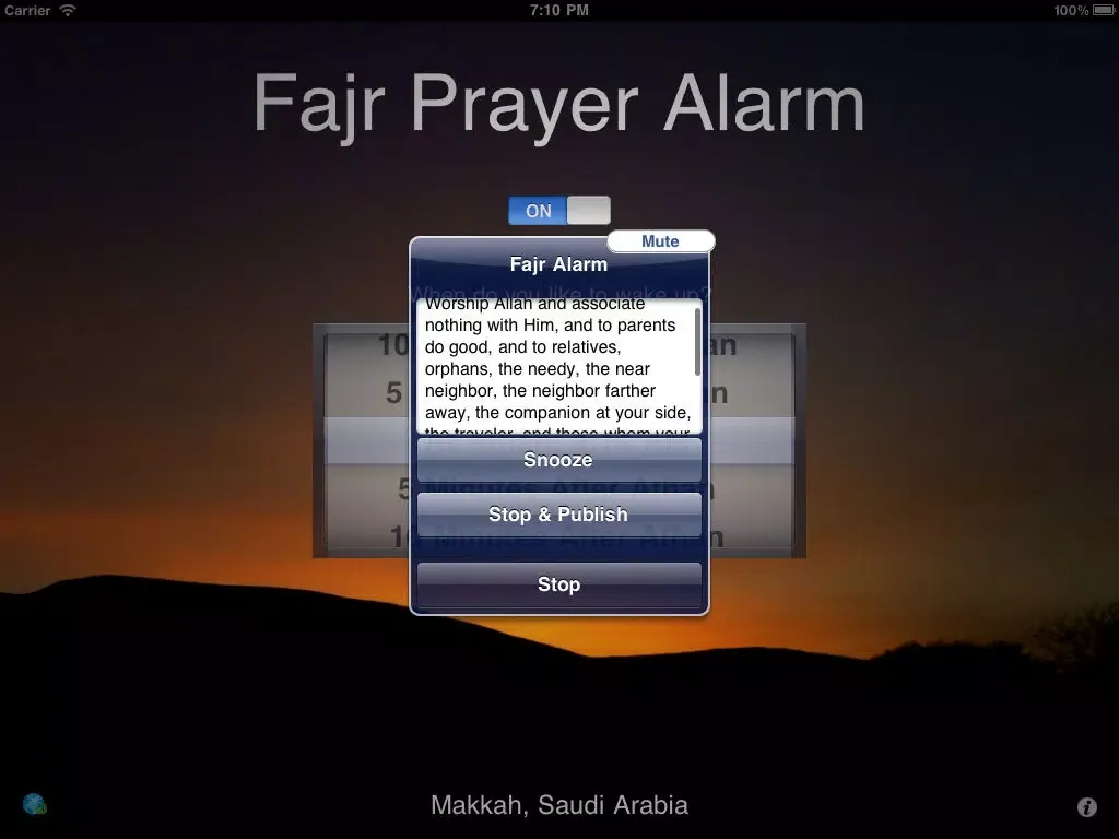 Tangkapan layar منبه صلاة الفجر Fajr Alarm - Year round Dawn time calculator and muslim prayer clock for the "four seasons" iPad 