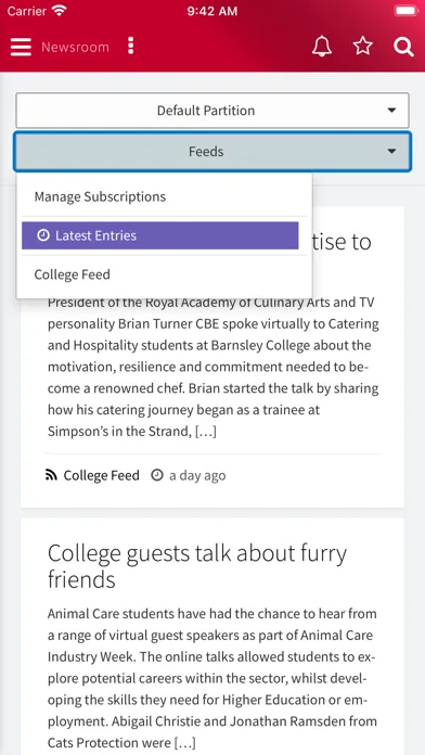 Tangkapan skrin Barnsley College MyDay
