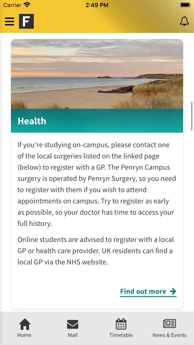 Capturas de tela do Falmouth University App
