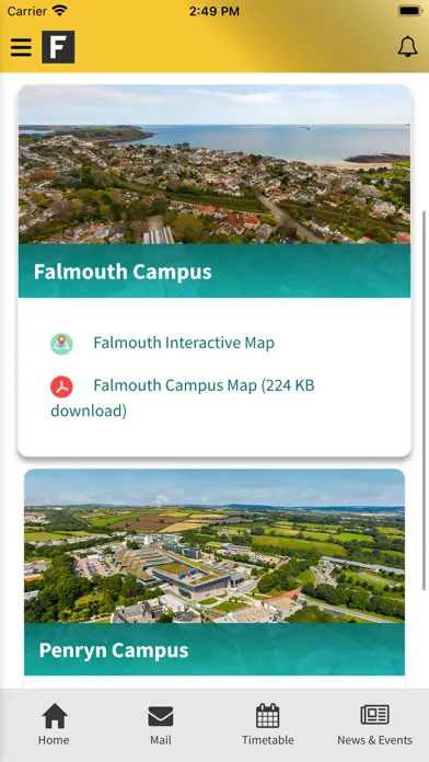 Capturas de tela do Falmouth University App