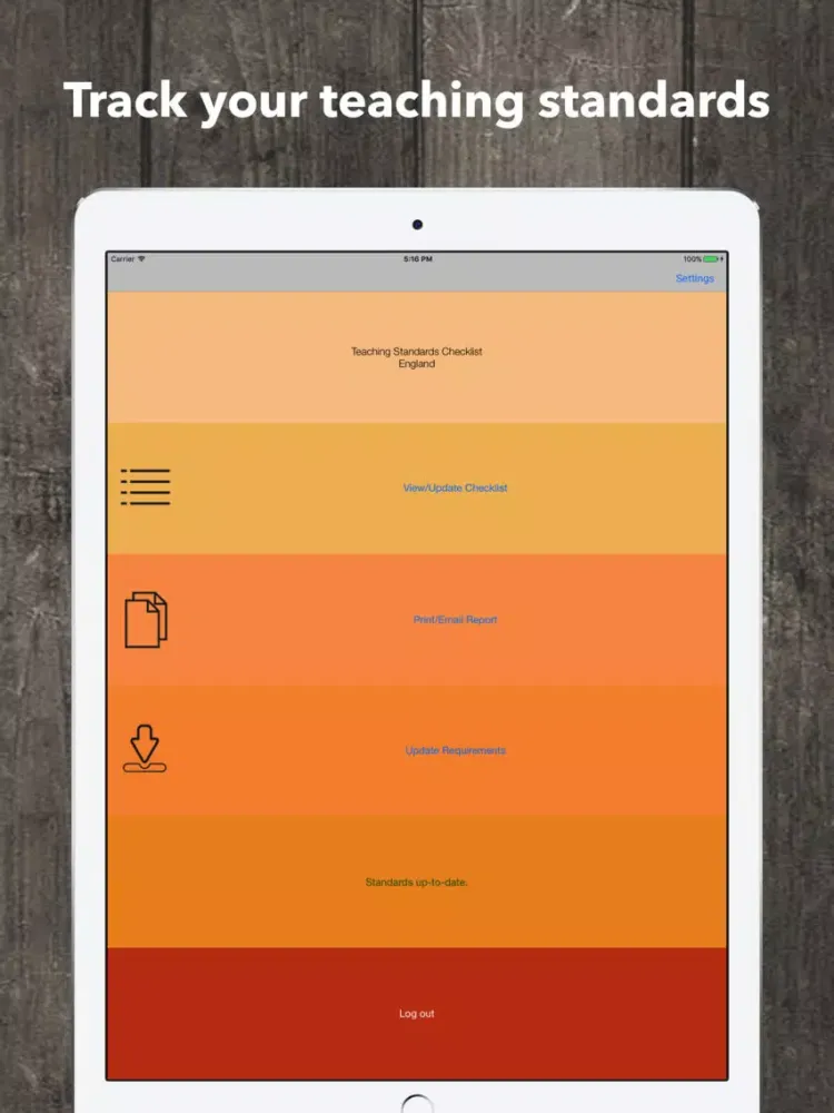 Screenshot di Teacher Standards Checklist en iPad