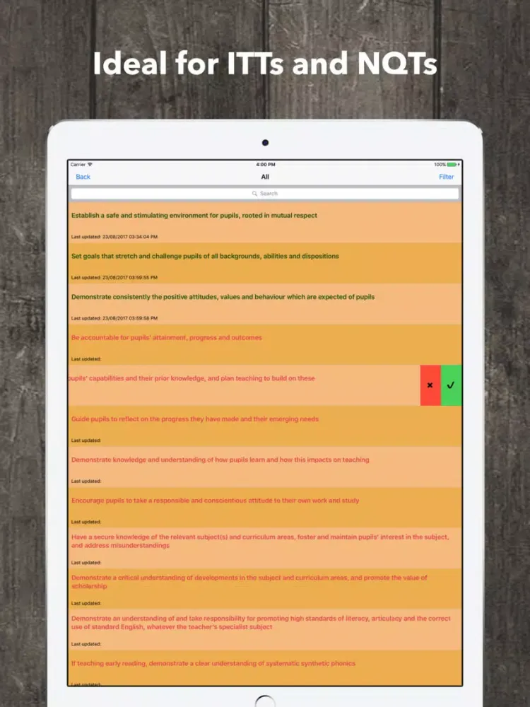 Screenshot di Teacher Standards Checklist en iPad