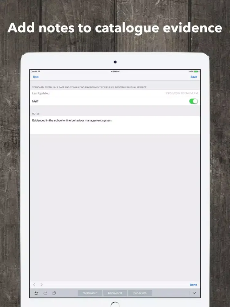 Screenshot di Teacher Standards Checklist en iPad