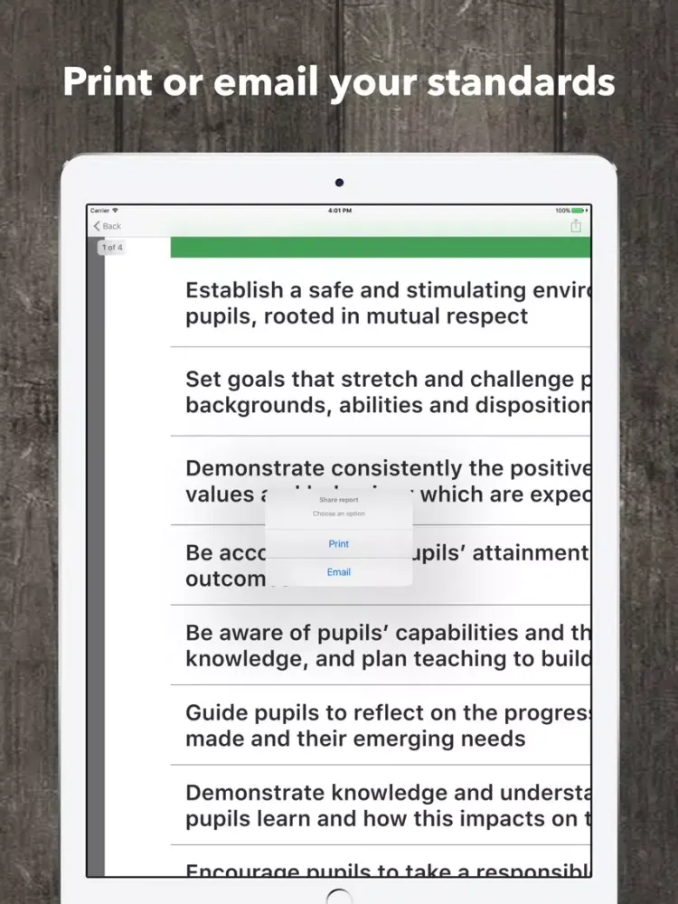 Screenshot di Teacher Standards Checklist en iPad