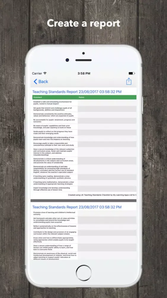 Screenshot di Teacher Standards Checklist en