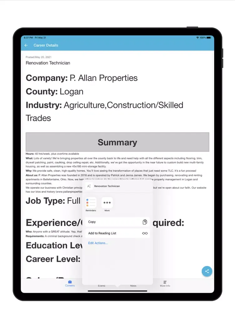 Ảnh chụp màn hình của My Local Career iPad 